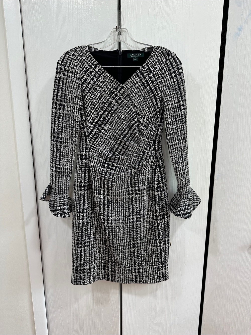 Lauren Ralph Lauren Black and White Knit Wrap-Style Long Sleeve Dress